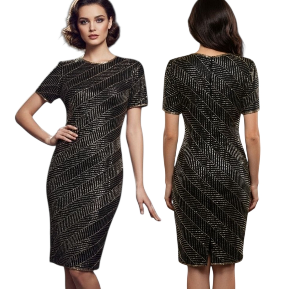 A.J. BARI Vintage 1980s Silk Beaded Sheath Dress - Size 10 - Picture 3 of 14